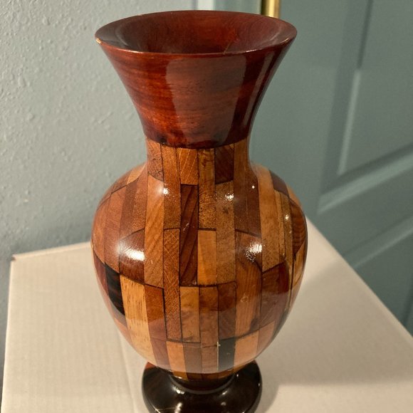 VTG Hand Turned Studio Marquetry Wooden Vase-7.25" H-Multicolored Patterns-VGUC - Picture 7 of 10